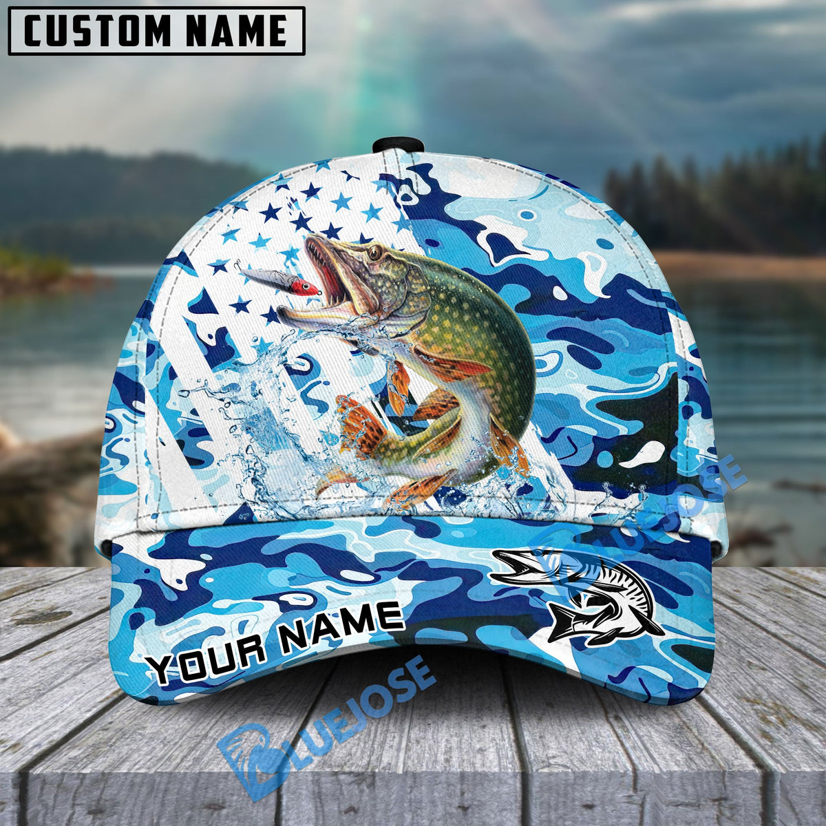 BlueJose Pike Fishing Blue White American Flag Personalized Cap