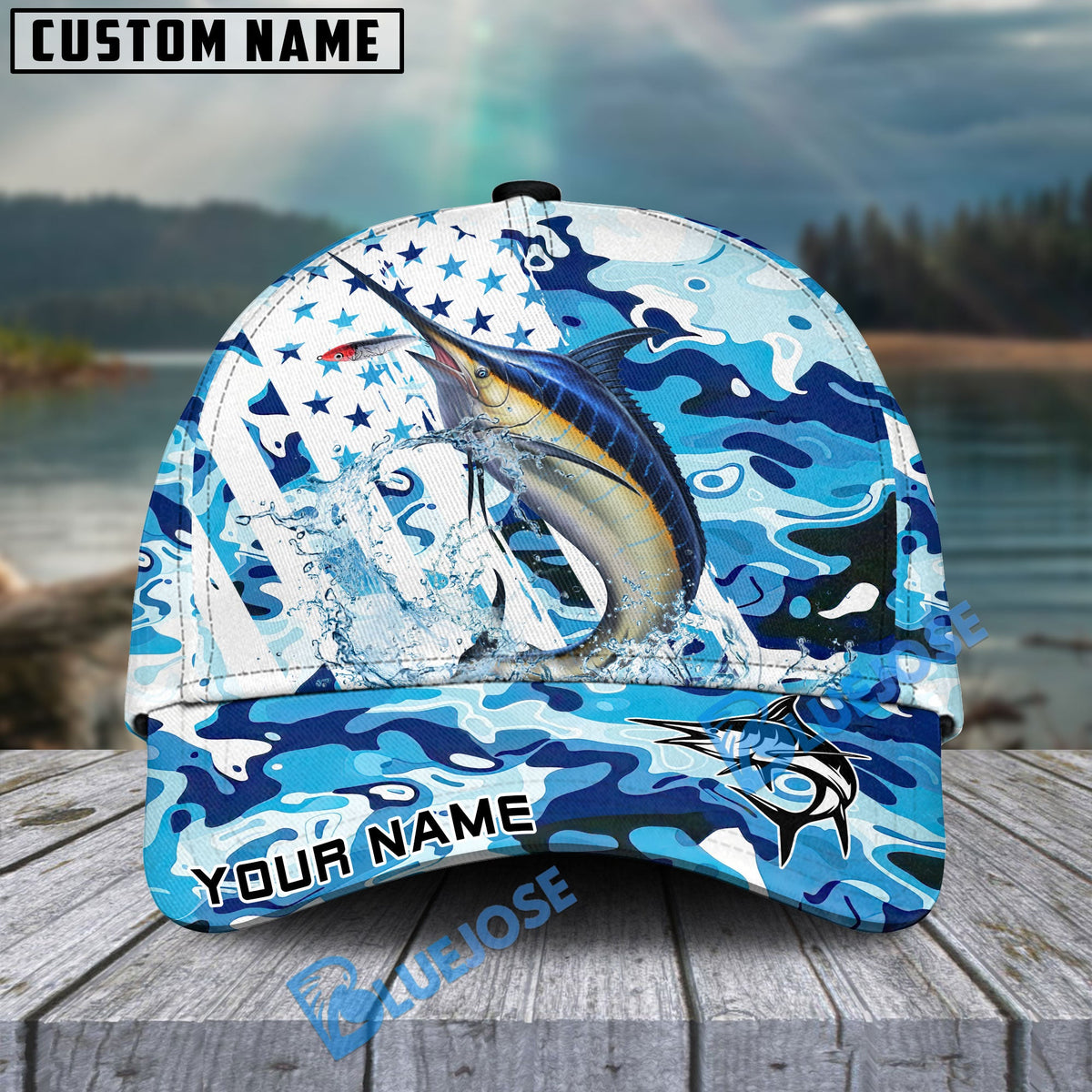 BlueJose Marlin Fishing Blue White American Flag Personalized Cap