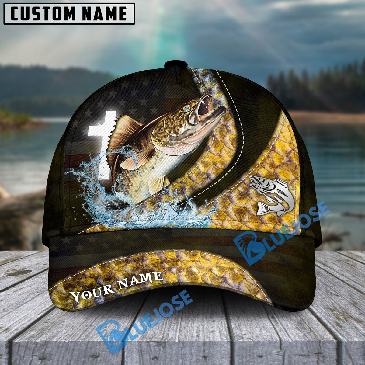 BlueJose Walleye Fishing Cross American Skinfish Pattern Personalized Cap