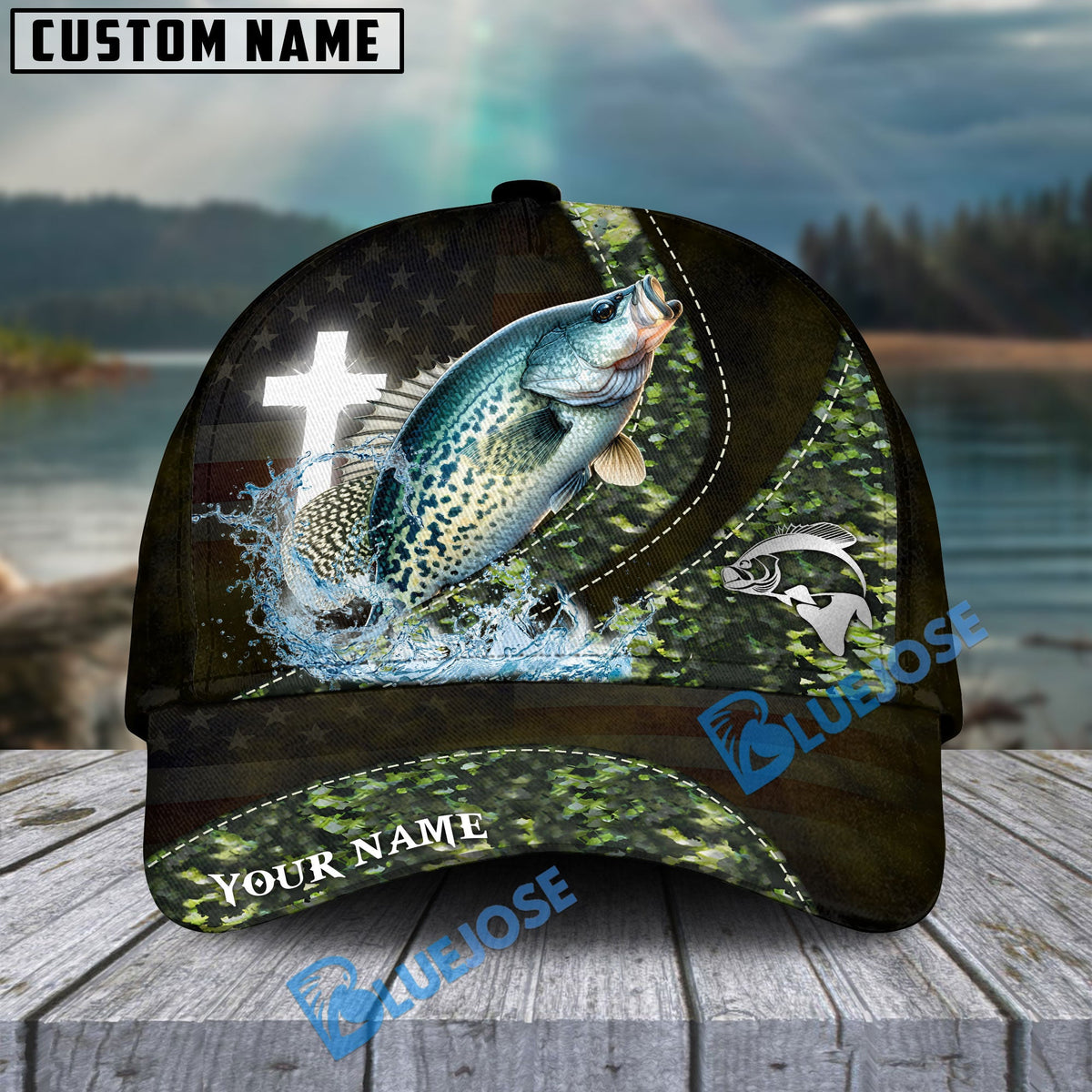 BlueJose Crappie Fishing Cross American Skinfish Pattern Personalized Cap
