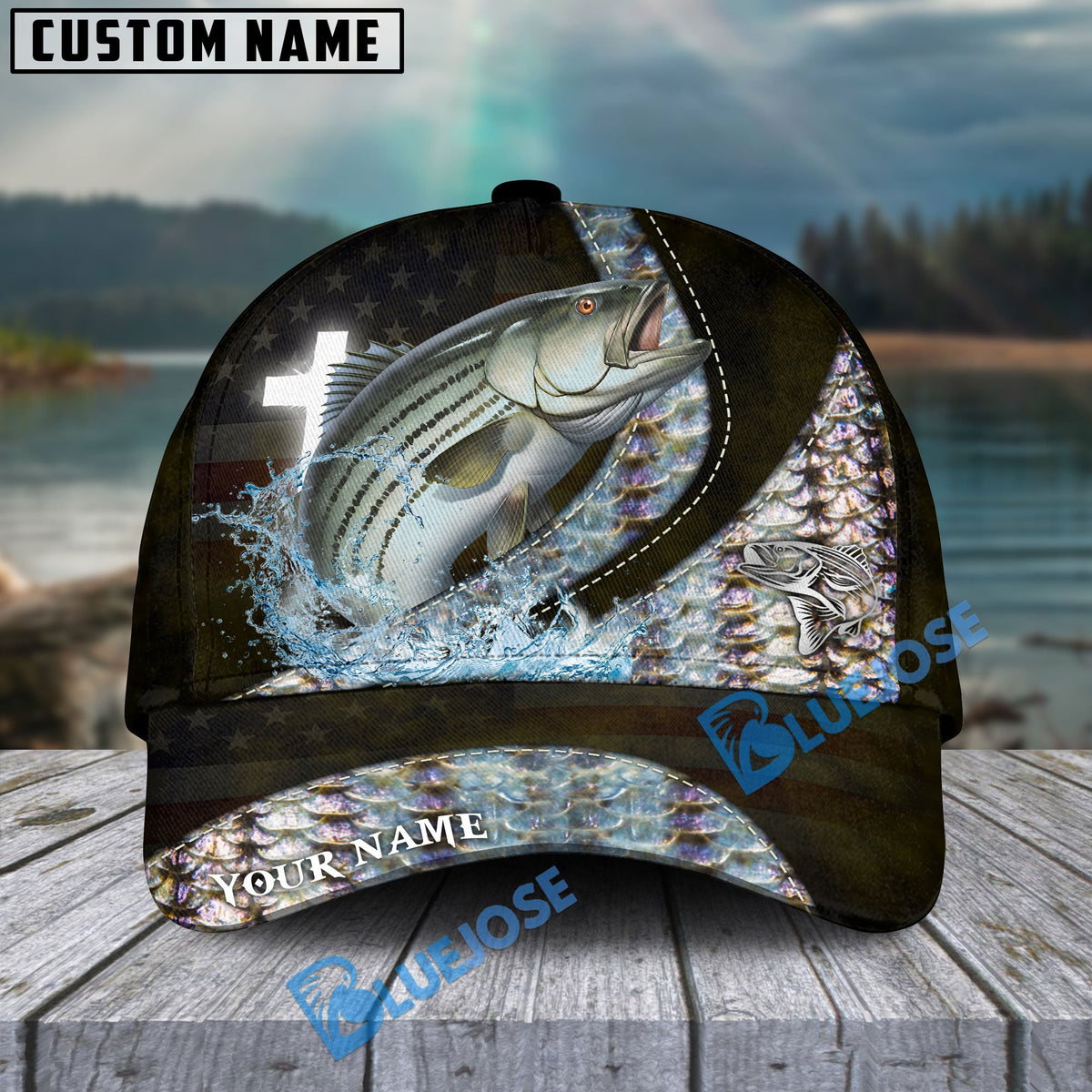 BlueJose Striped Bass Fishing Cross American Skinfish Pattern Personalized Cap