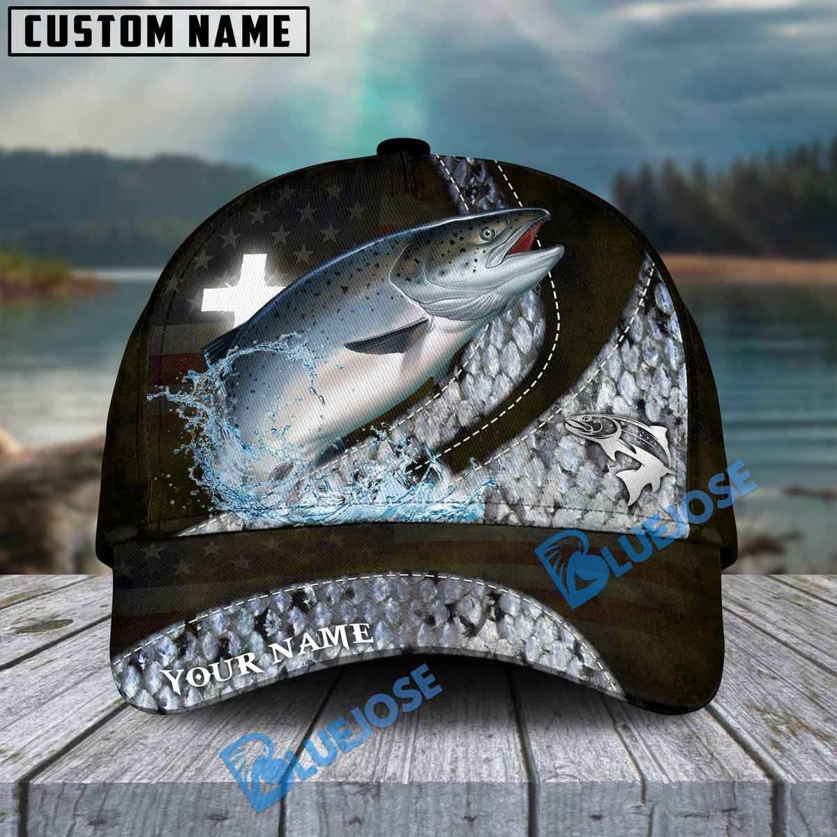 BlueJose Salmon Fishing Cross American Skinfish Pattern Personalized Cap