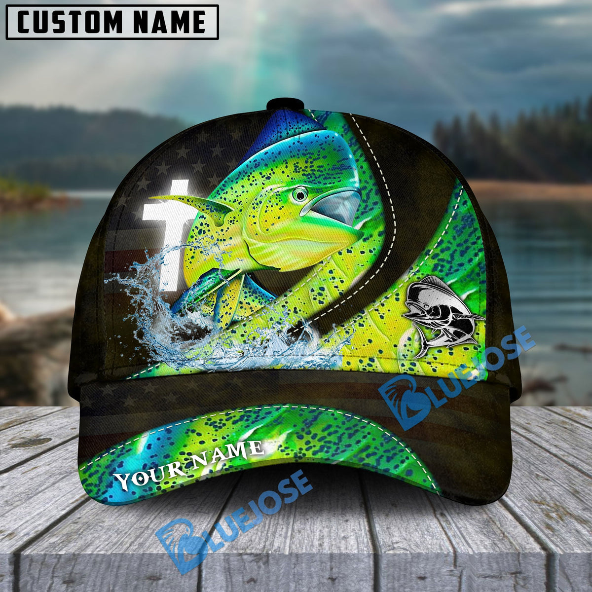 BlueJose Mahimahi Fishing Cross American Skinfish Pattern Personalized Cap