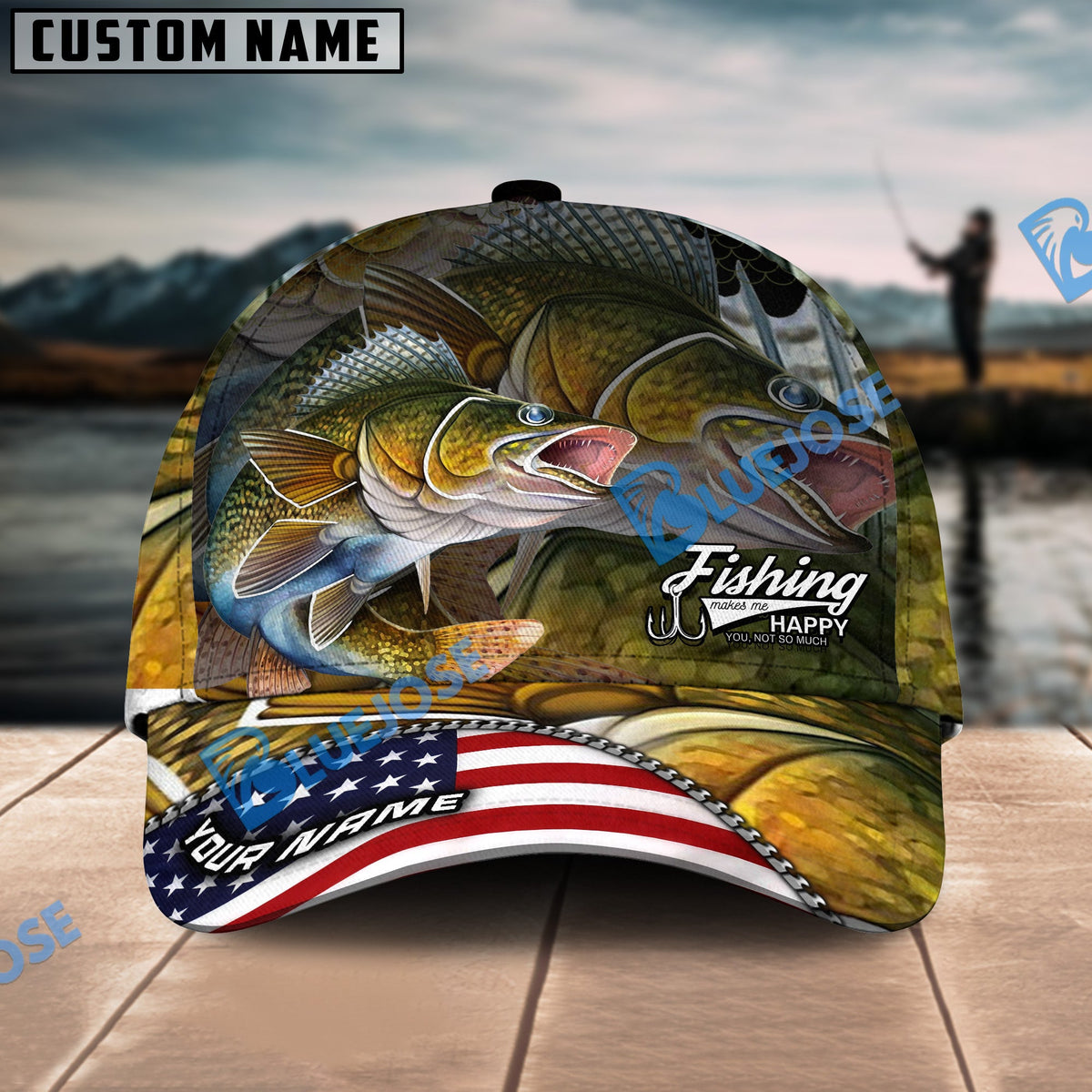 BlueJose Walleye Fishing Skinfish Flag Of United States Pattern Personalized Cap
