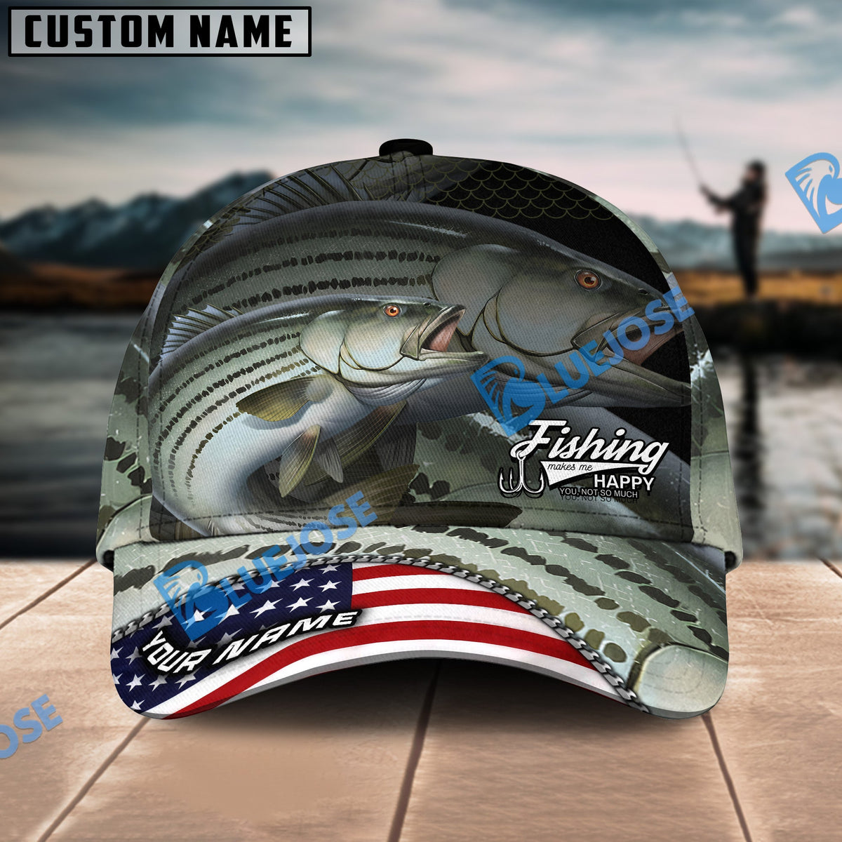 BlueJose Striped Bass Fishing Skinfish Flag Of United States Pattern Personalized Cap