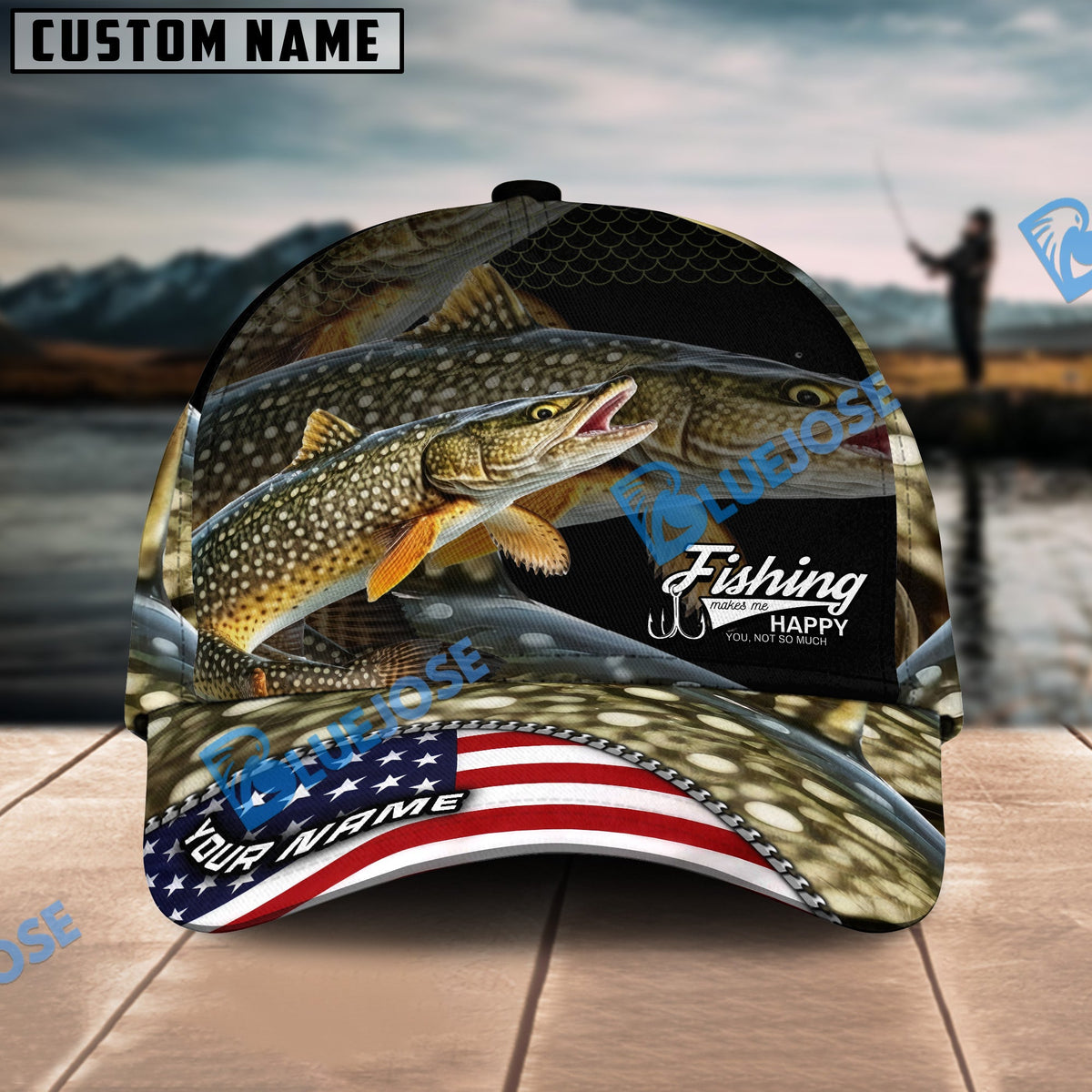 BlueJose Pike Fishing Skinfish Flag Of United States Pattern Personalized Cap