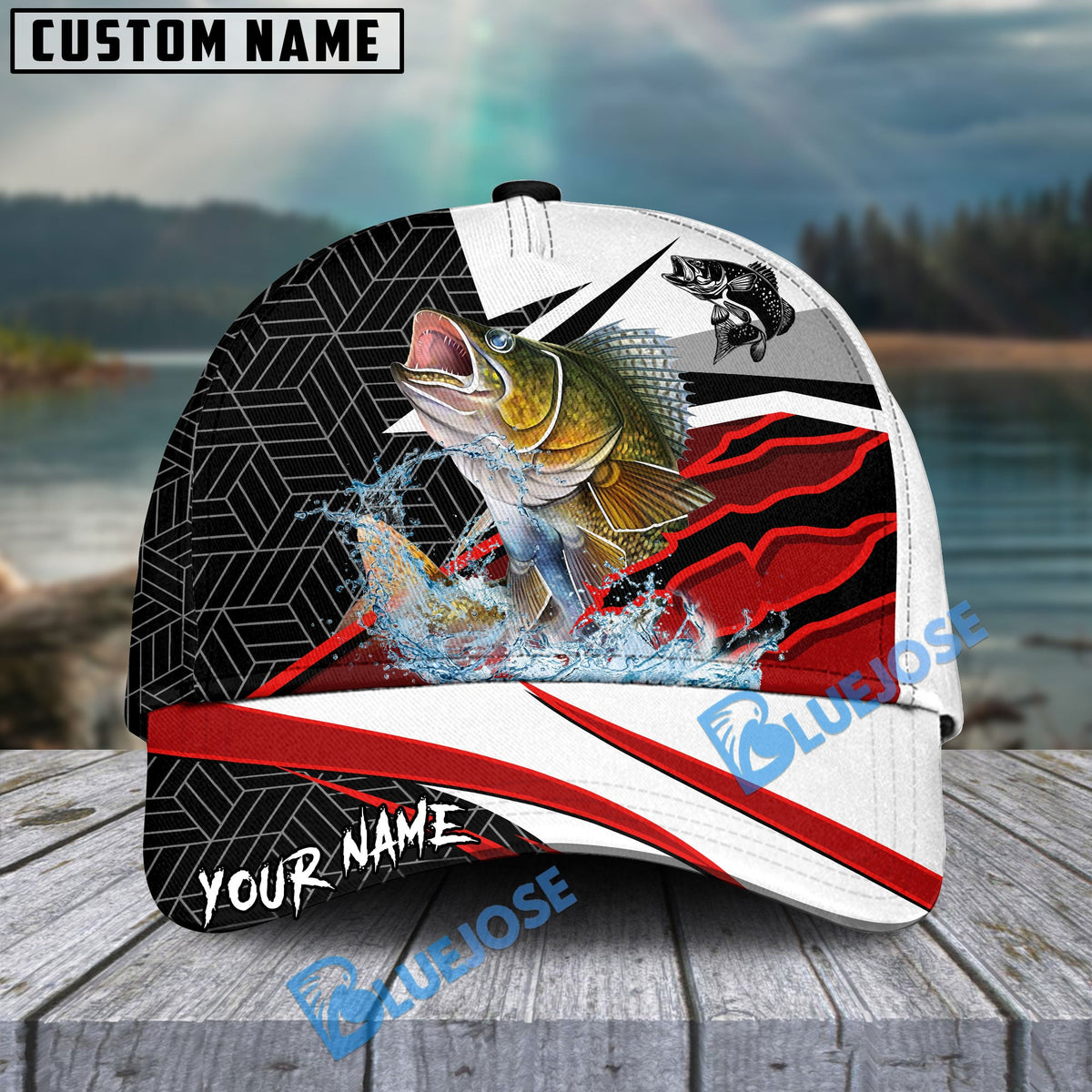BlueJose Walleye Fishing Red White Scratch Sport Personalized Cap