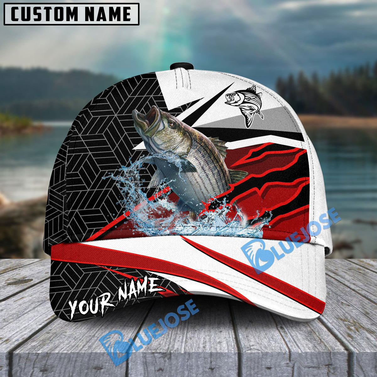 BlueJose Striped Bass Fishing Red White Scratch Sport Personalized Cap