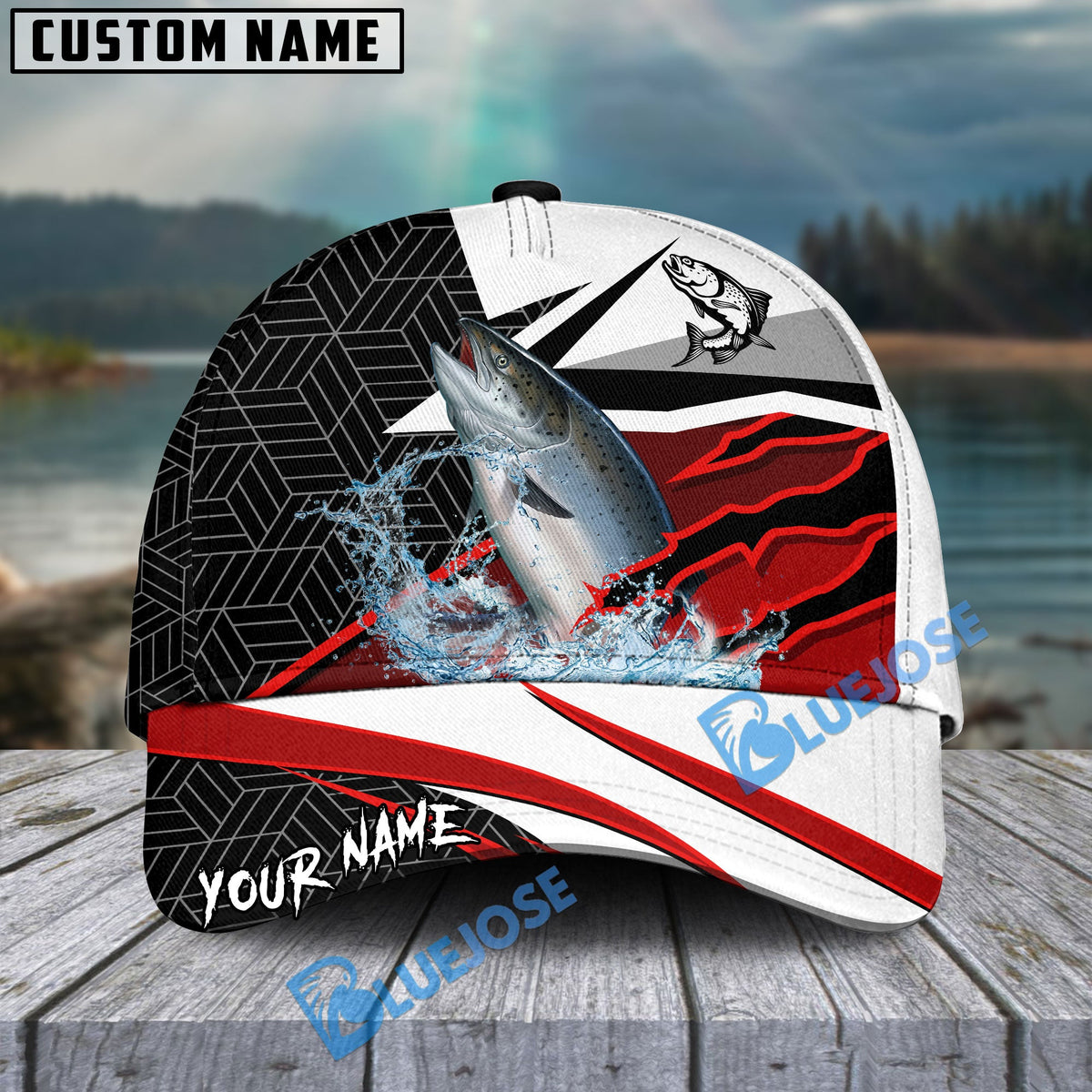 BlueJose Salmon Fishing Red White Scratch Sport Personalized Cap