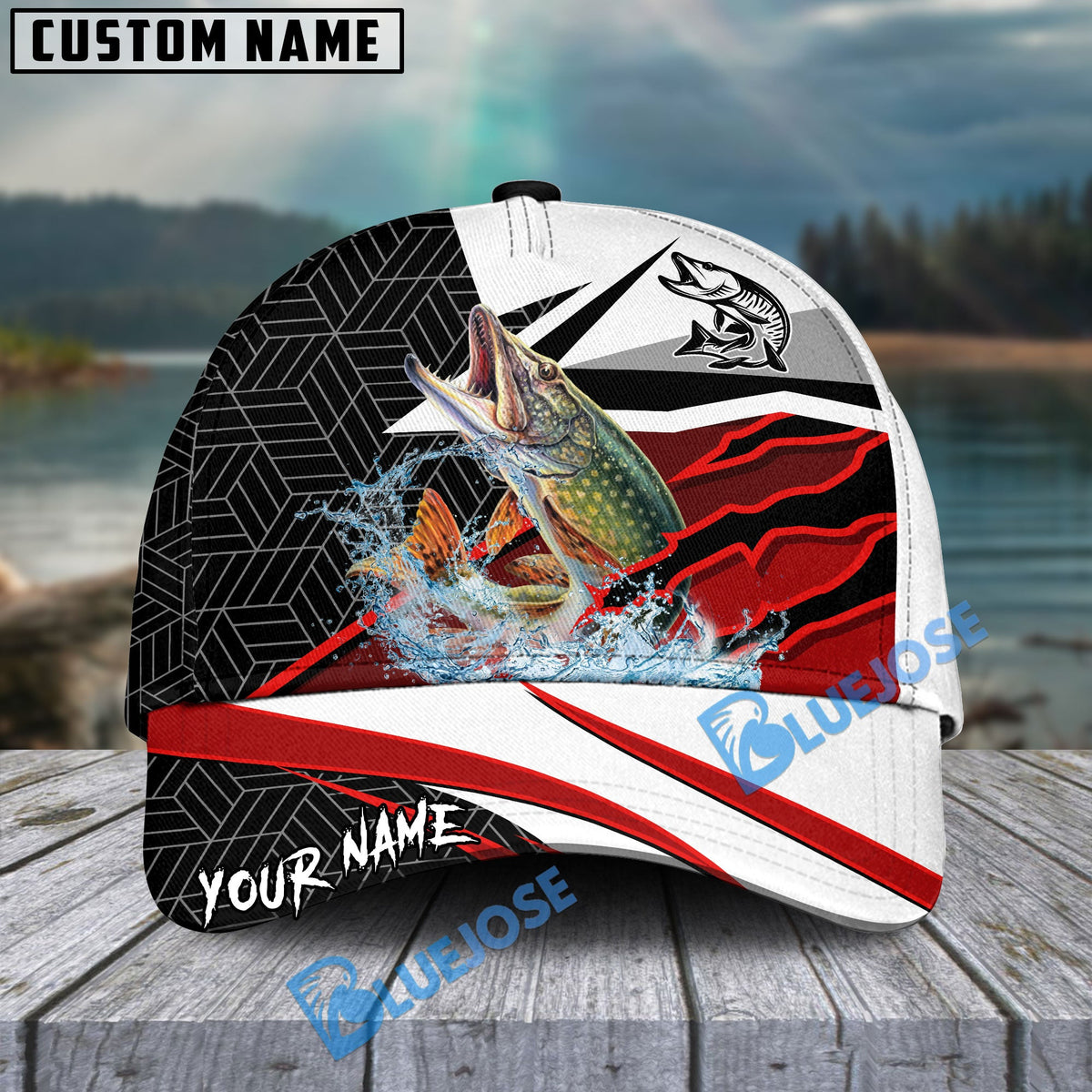 BlueJose Pike Fishing Red White Scratch Sport Personalized Cap