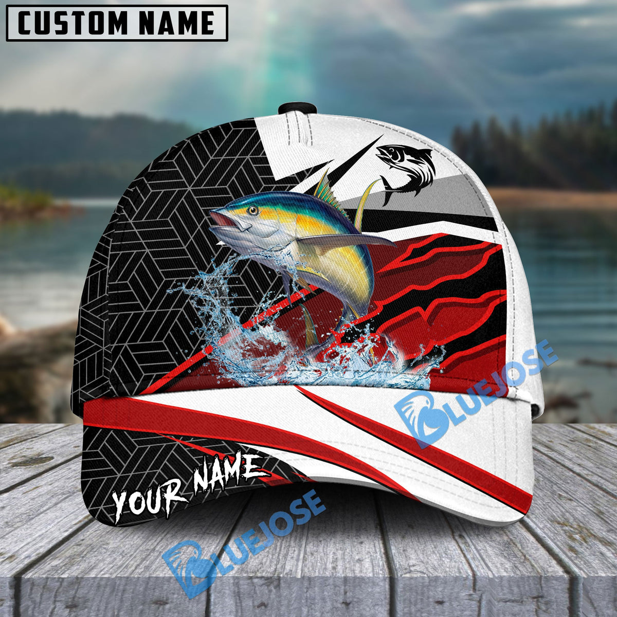 BlueJose Tuna Fishing Red White Scratch Sport Personalized Cap