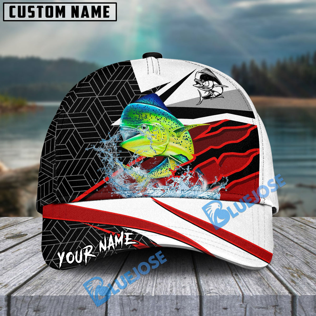 BlueJose Mahi mahi Fishing Red White Scratch Sport Personalized Cap