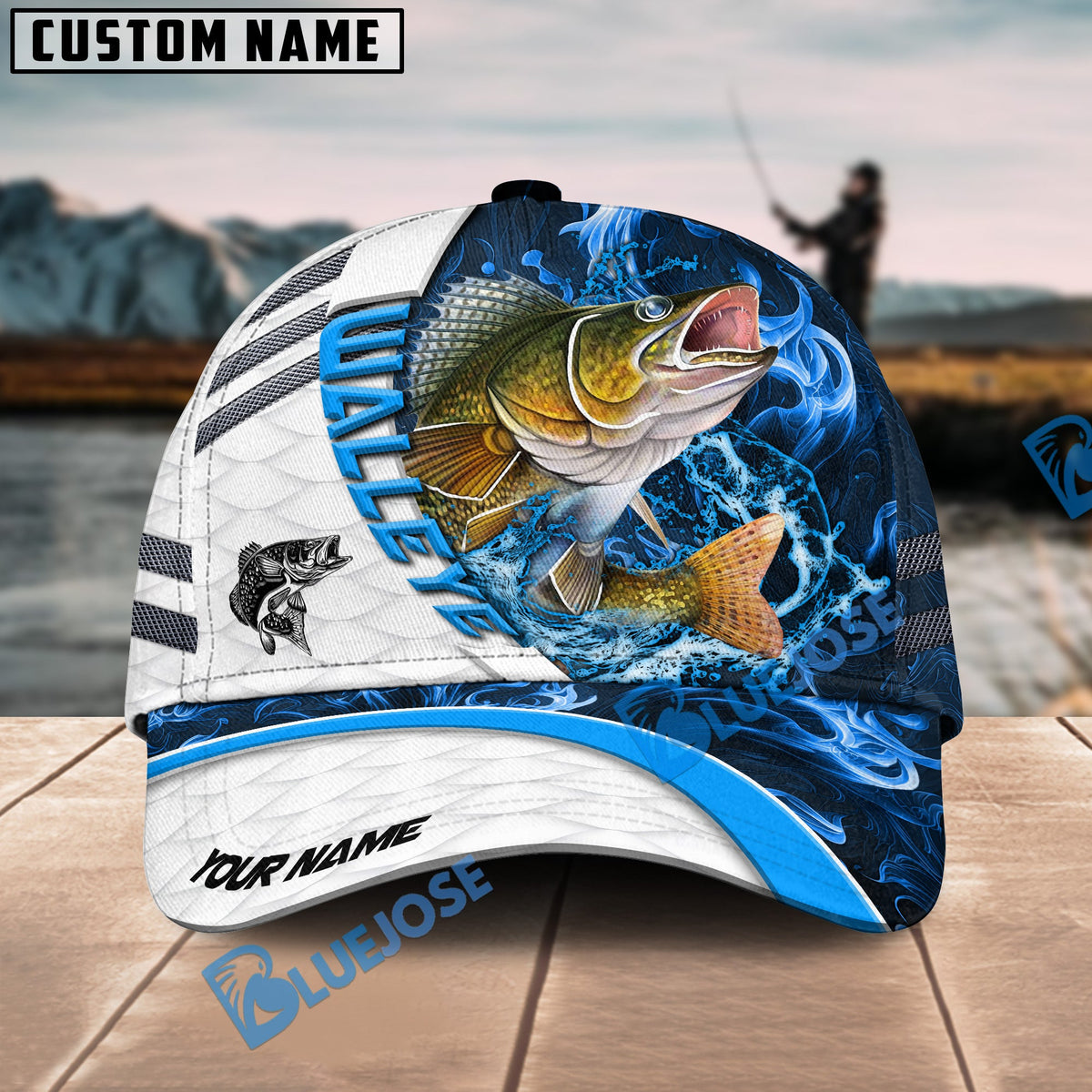 BlueJose Walleye Fishing White Blue Lava Sport Personalized Cap