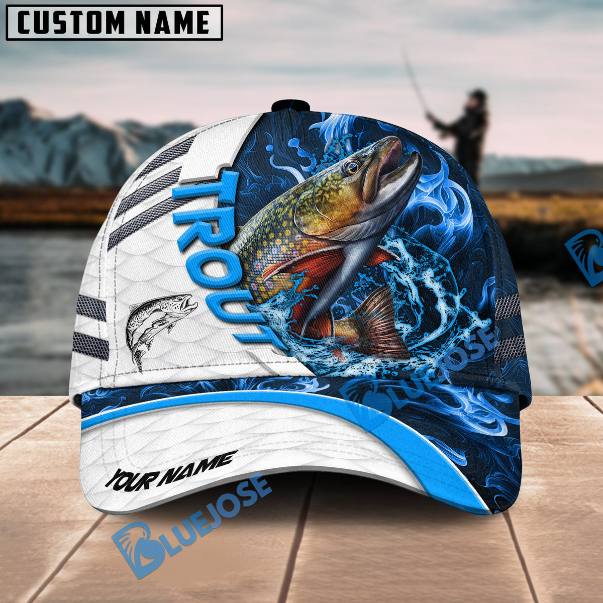 BlueJose Trout Fishing White Blue Lava Sport Personalized Cap