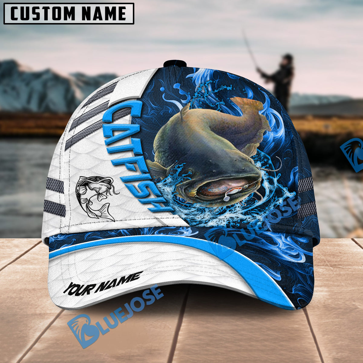 BlueJose Catfish Fishing White Blue Lava Sport Personalized Cap
