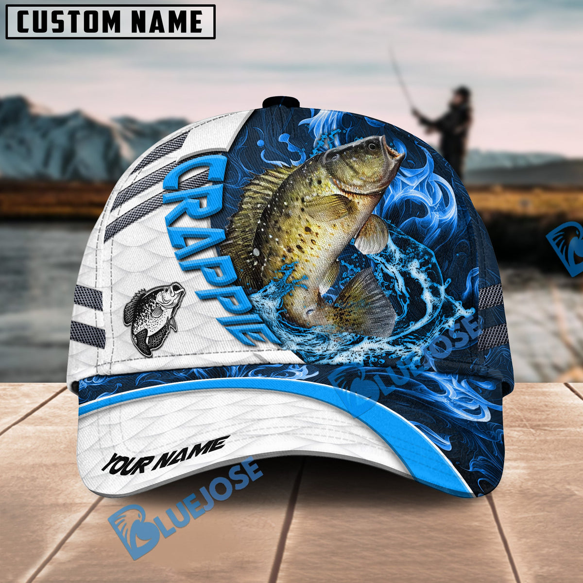 BlueJose Crappie Fishing White Blue Lava Sport Personalized Cap