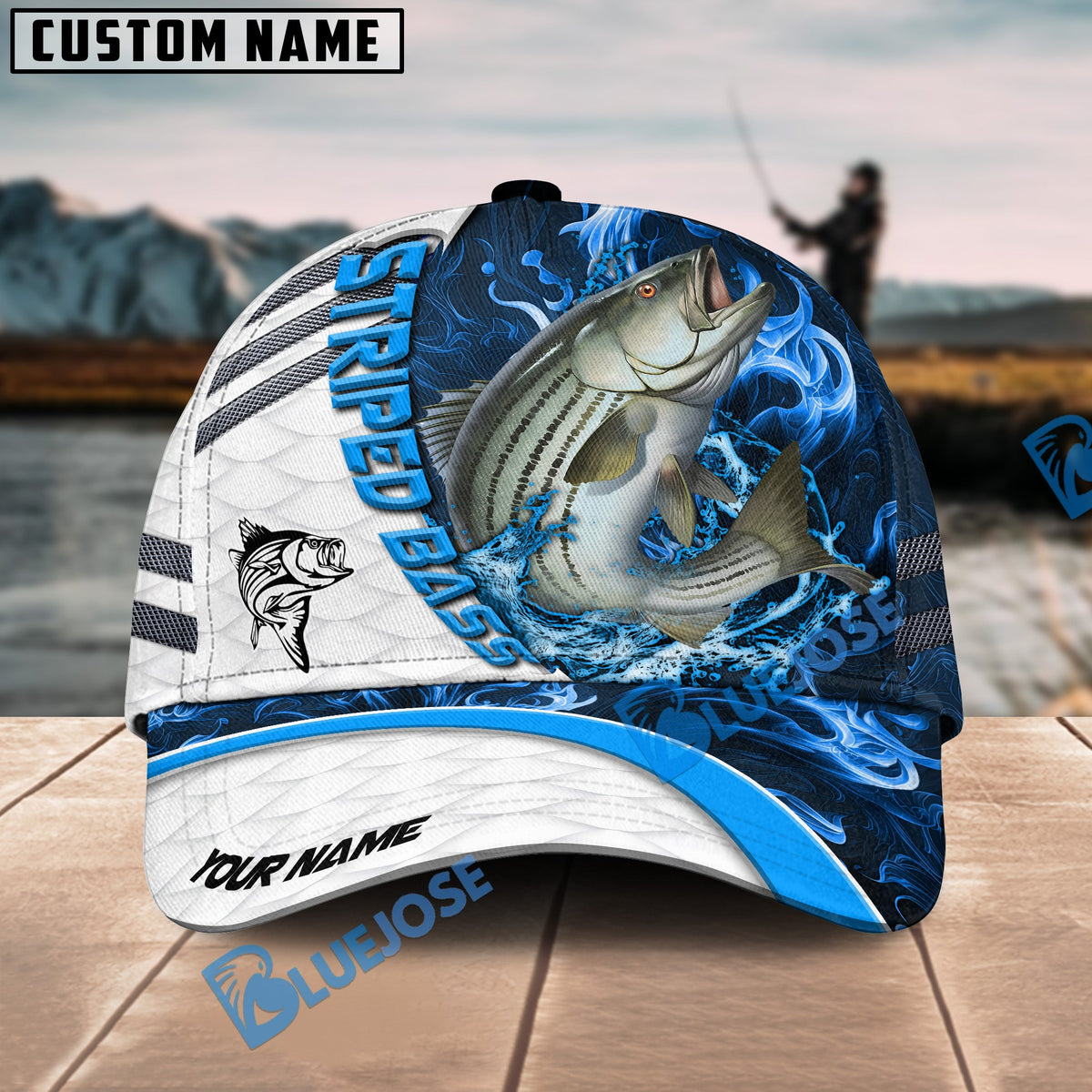 BlueJose Striped Bass Fishing White Blue Lava Sport Personalized Cap