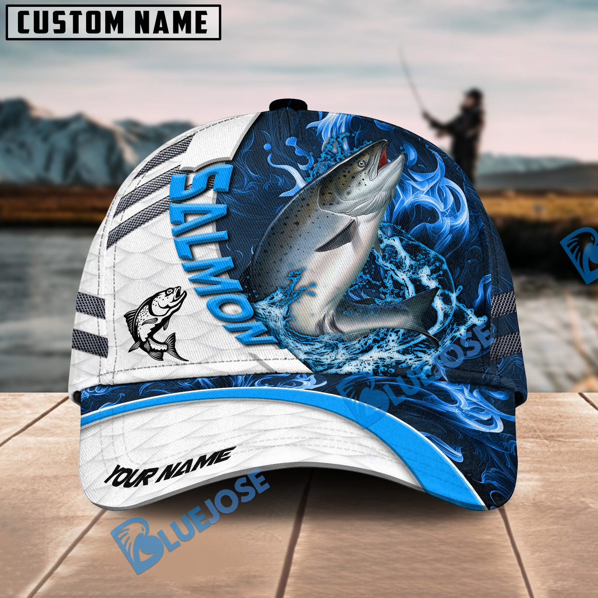 BlueJose Salmon Fishing White Blue Lava Sport Personalized Cap