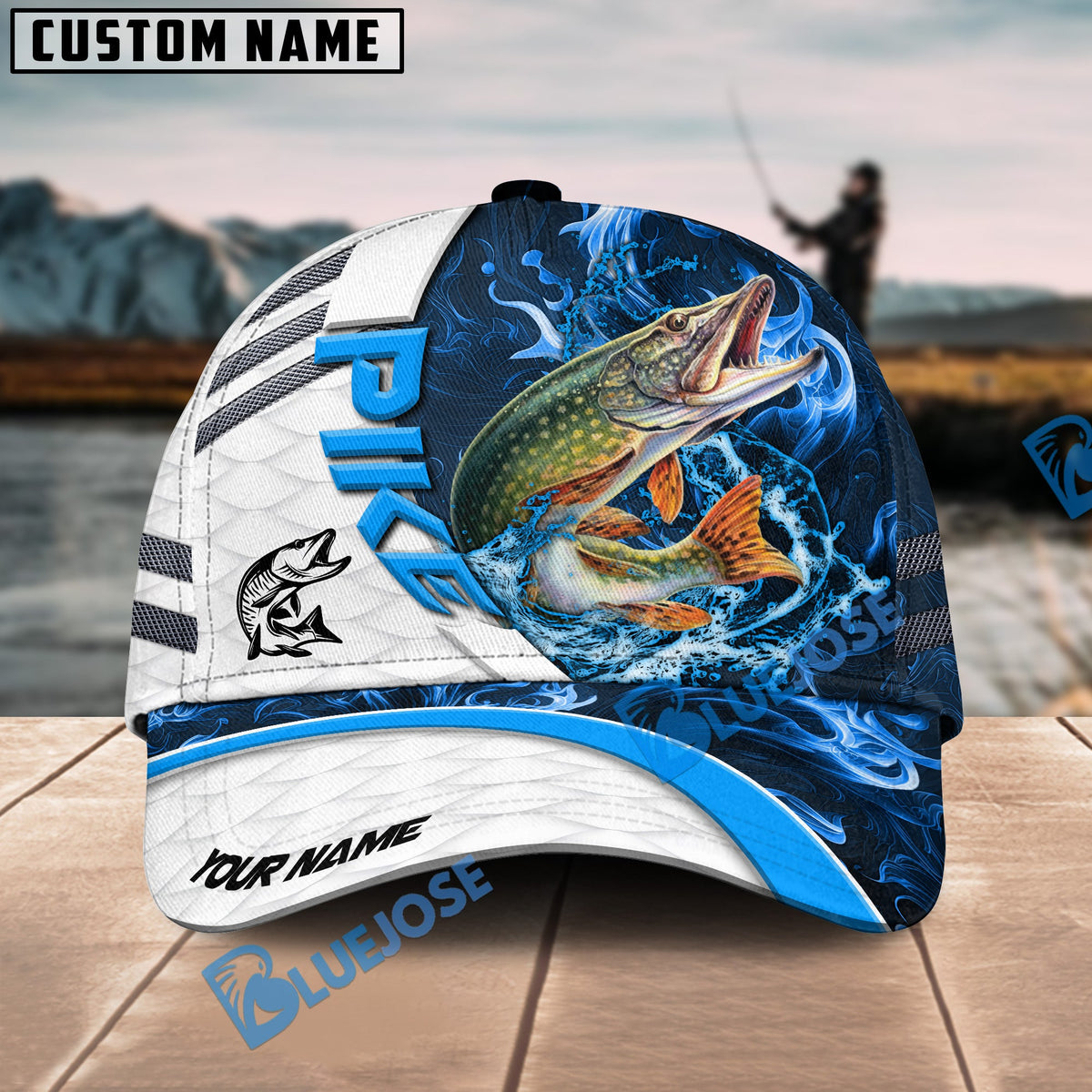 BlueJose Pike Fishing White Blue Lava Sport Personalized Cap
