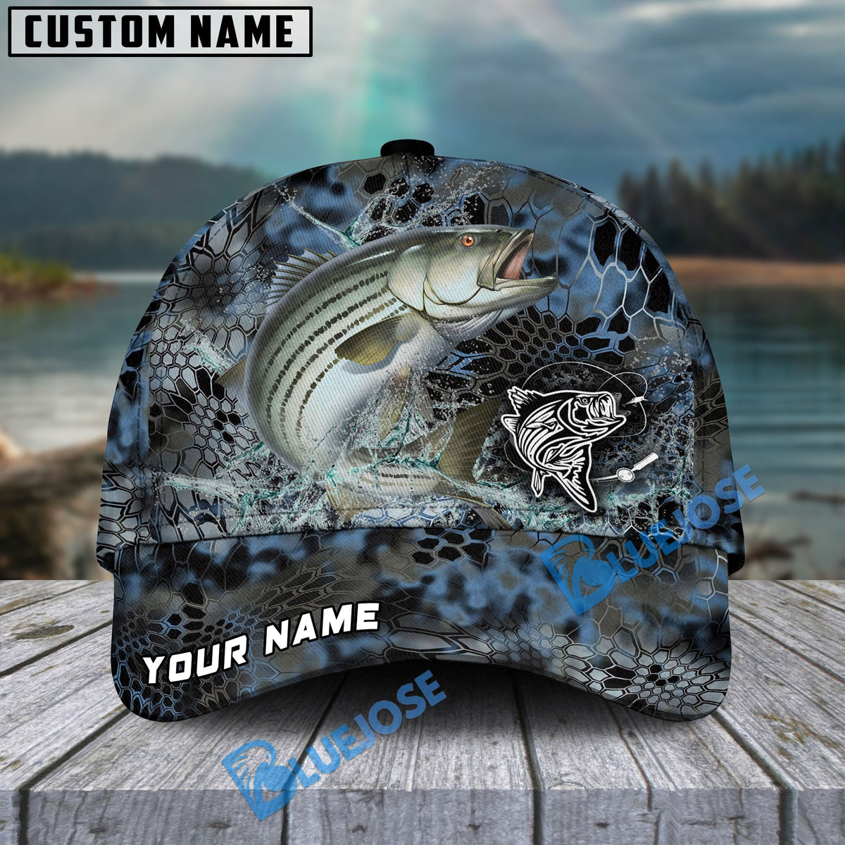 BlueJose Striped Bass Fishing Blue Kryptek Camo Personalized Cap