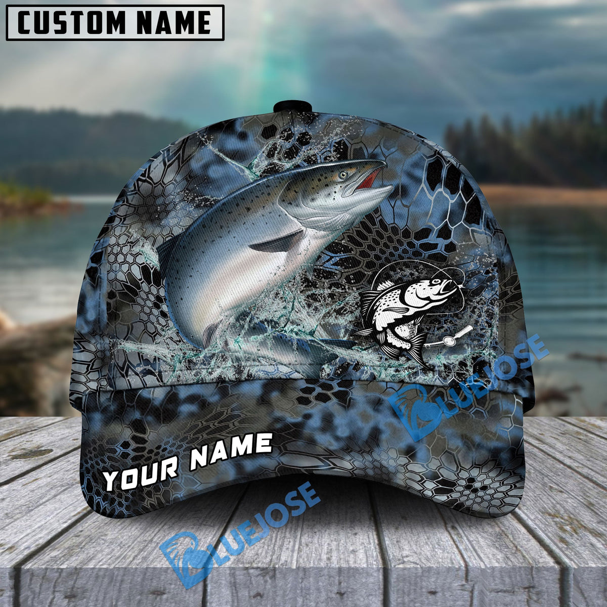 BlueJose Salmon Fishing Blue Kryptek Camo Personalized Cap