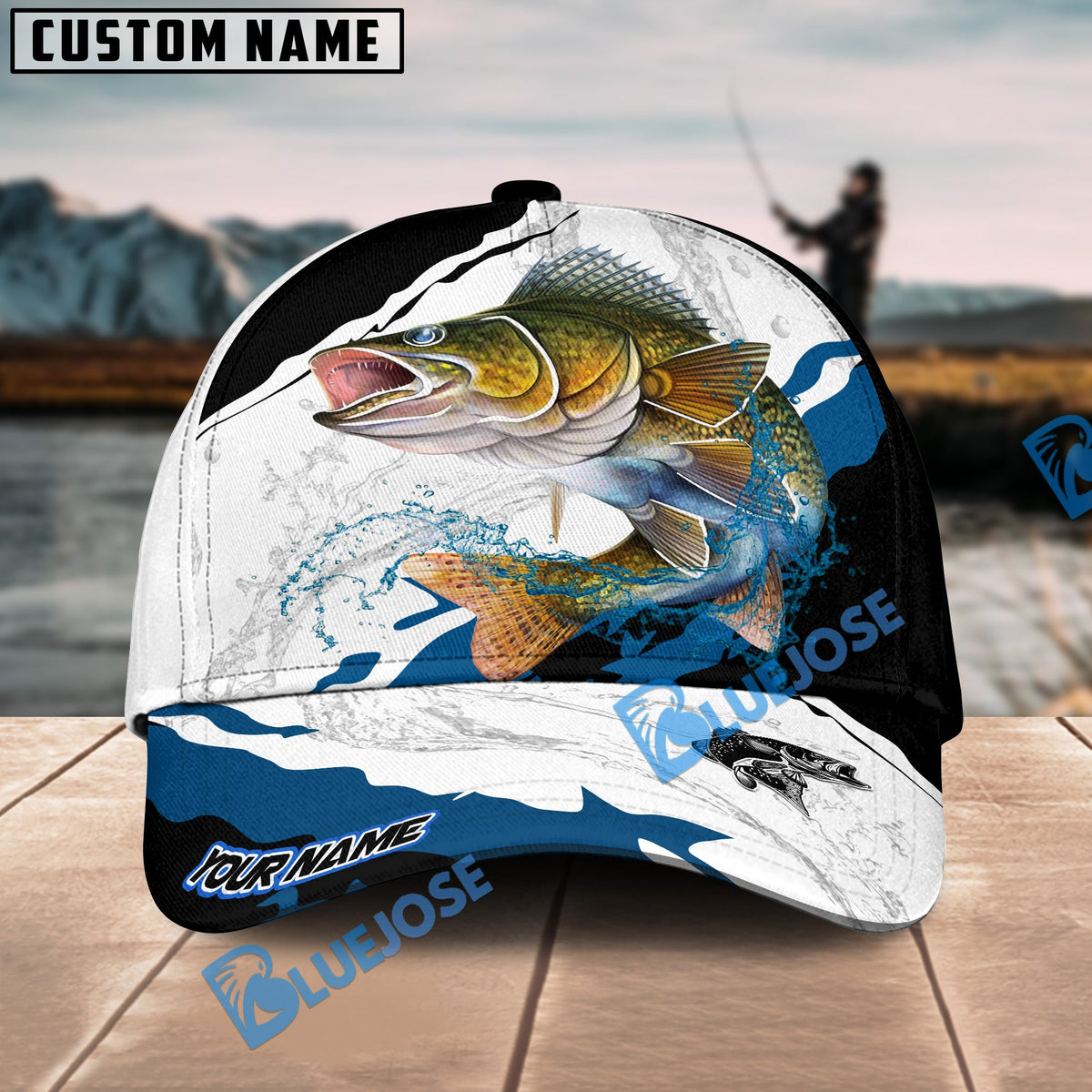 BlueJose Walleye Fishing Black White Water Flow Personalized Cap