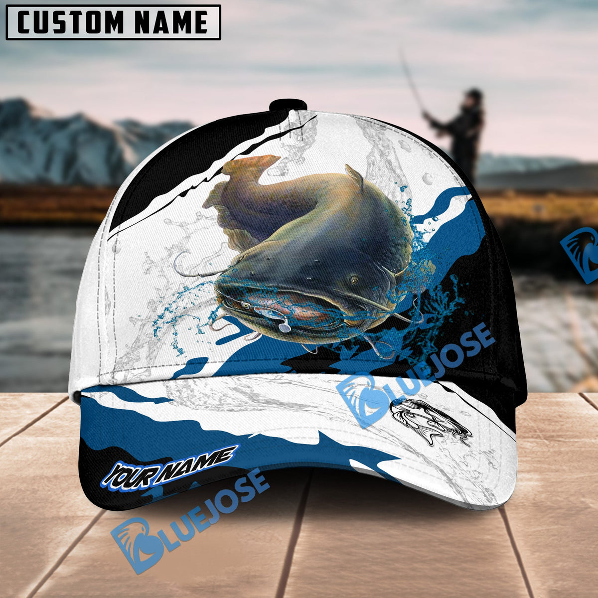BlueJose Catfish Fishing Black White Water Flow Personalized Cap