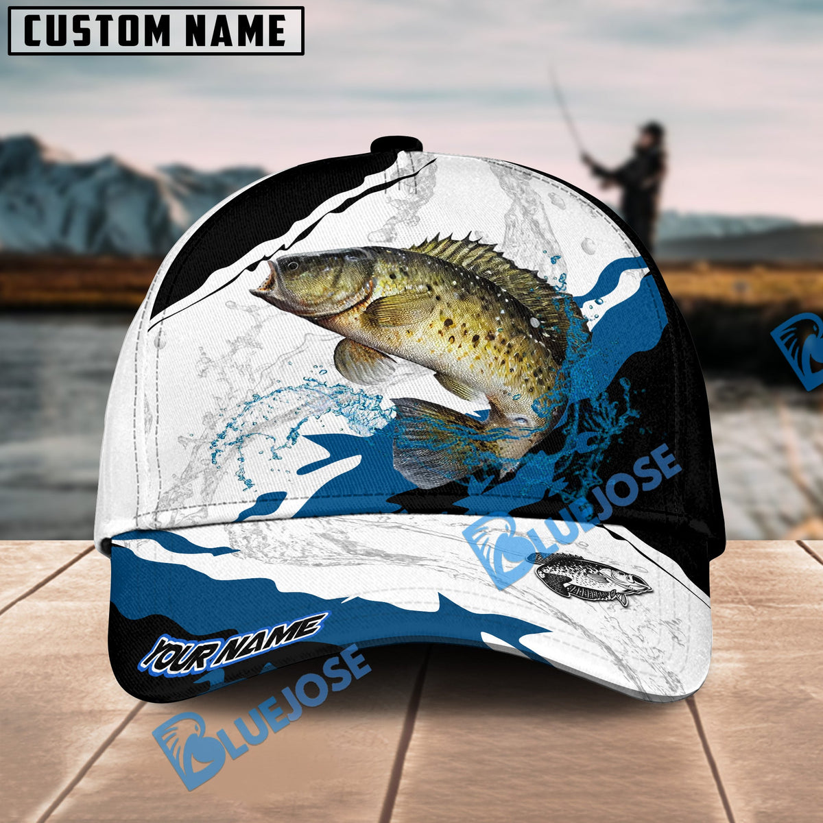 BlueJose Crappie Fishing Black White Water Flow Personalized Cap