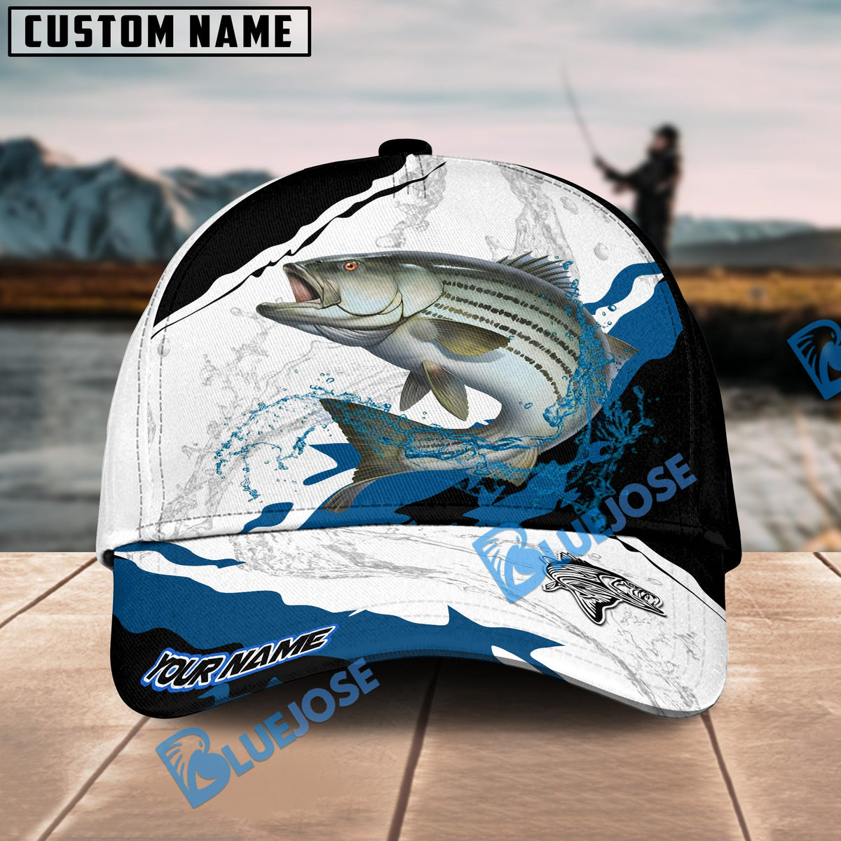 BlueJose Striped Bass Fishing Black White Water Flow Personalized Cap