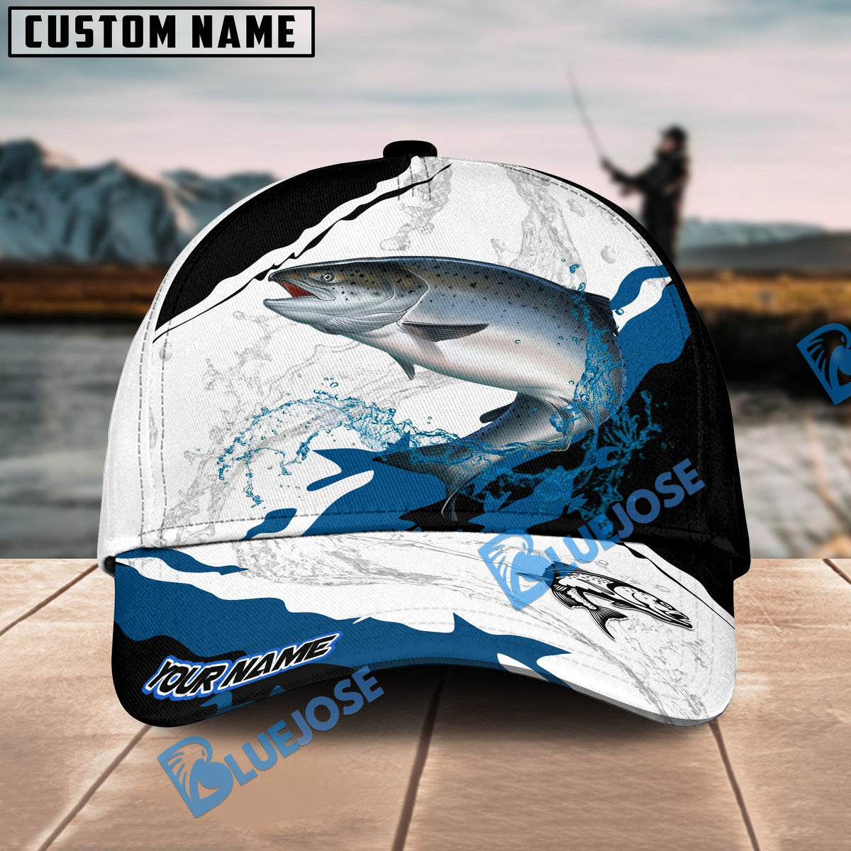 BlueJose Salmon Fishing Black White Water Flow Personalized Cap
