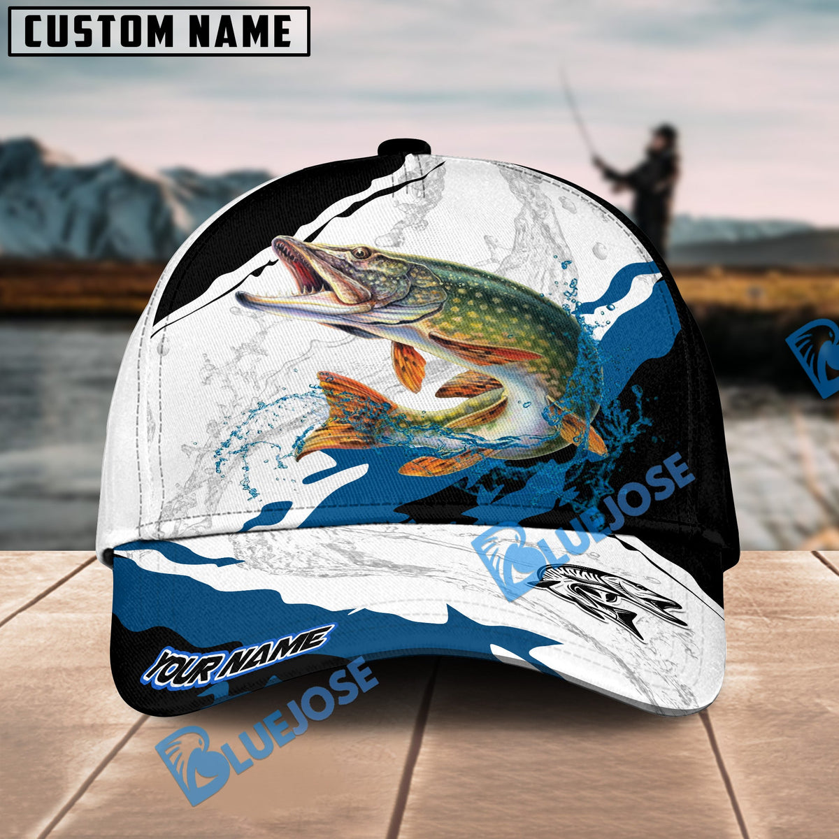 BlueJose Pike Fishing Black White Water Flow Personalized Cap