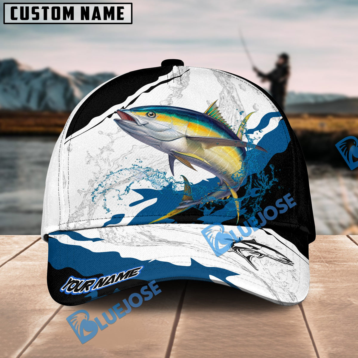 BlueJose Tuna Fishing Black White Water Flow Personalized Cap