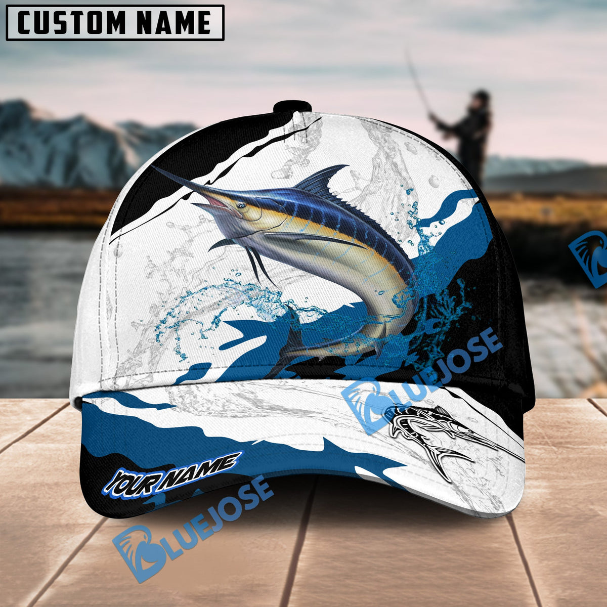 BlueJose Marlin Fishing Black White Water Flow Personalized Cap