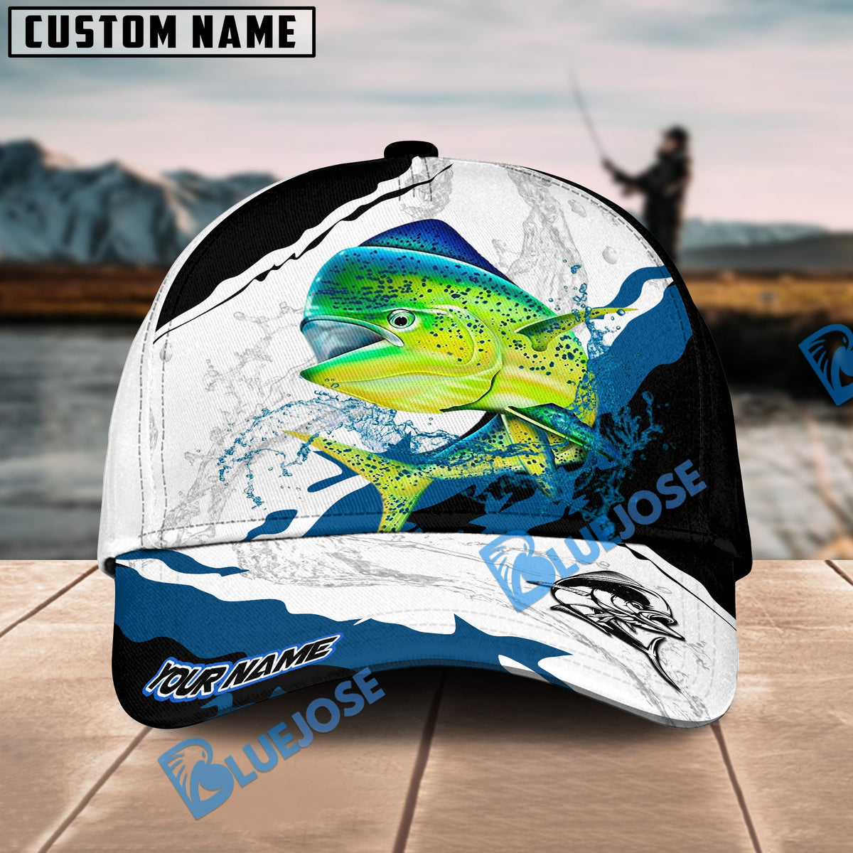 BlueJose Mahi mahi Fishing Black White Water Flow Personalized Cap