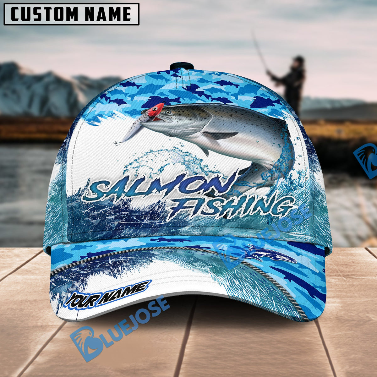 BlueJose Salmon Fishing Blue Water Camo Personalized Cap