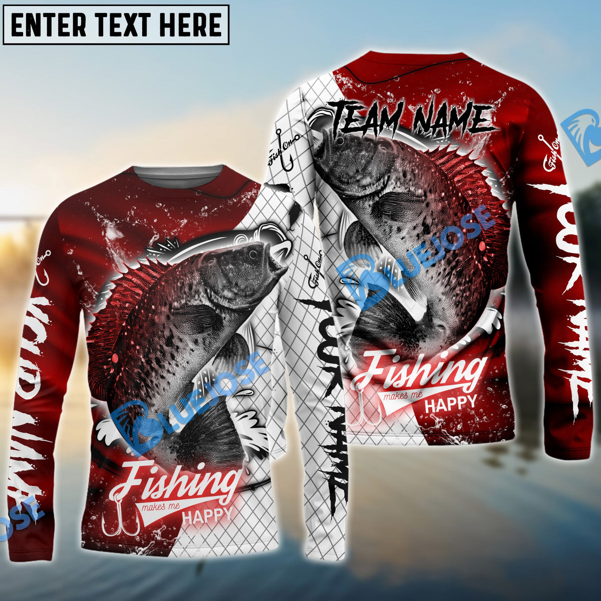 BlueJose Crappie Fishing Dark Red Skin Sport Custom Name & Team Name 3D Shirts