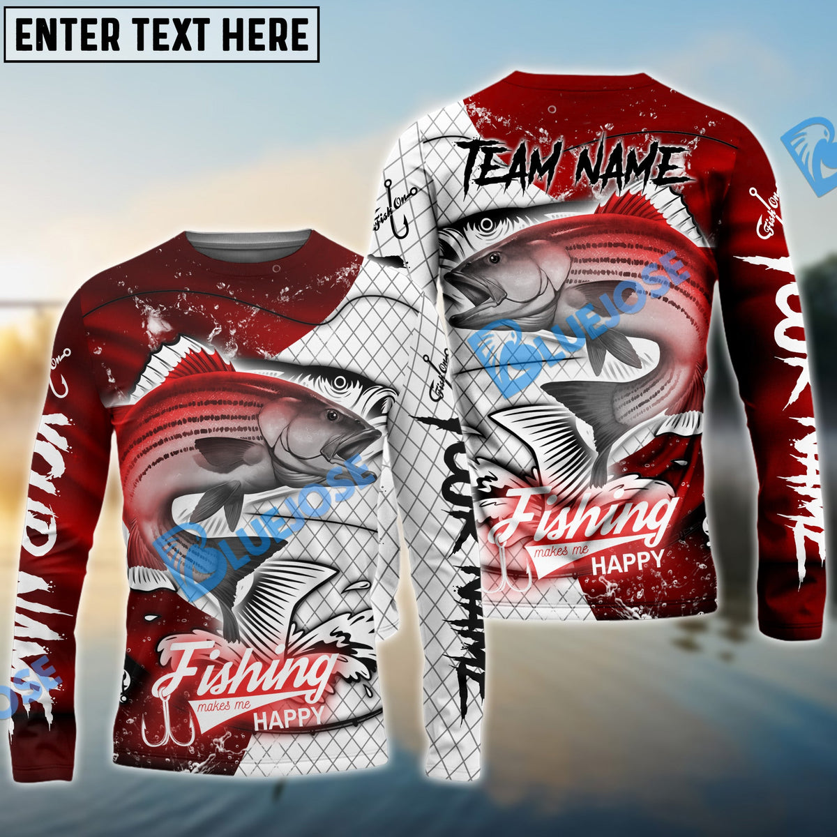 BlueJose Striped Bass Fishing Dark Red Skin Sport Custom Name & Team Name 3D Shirts