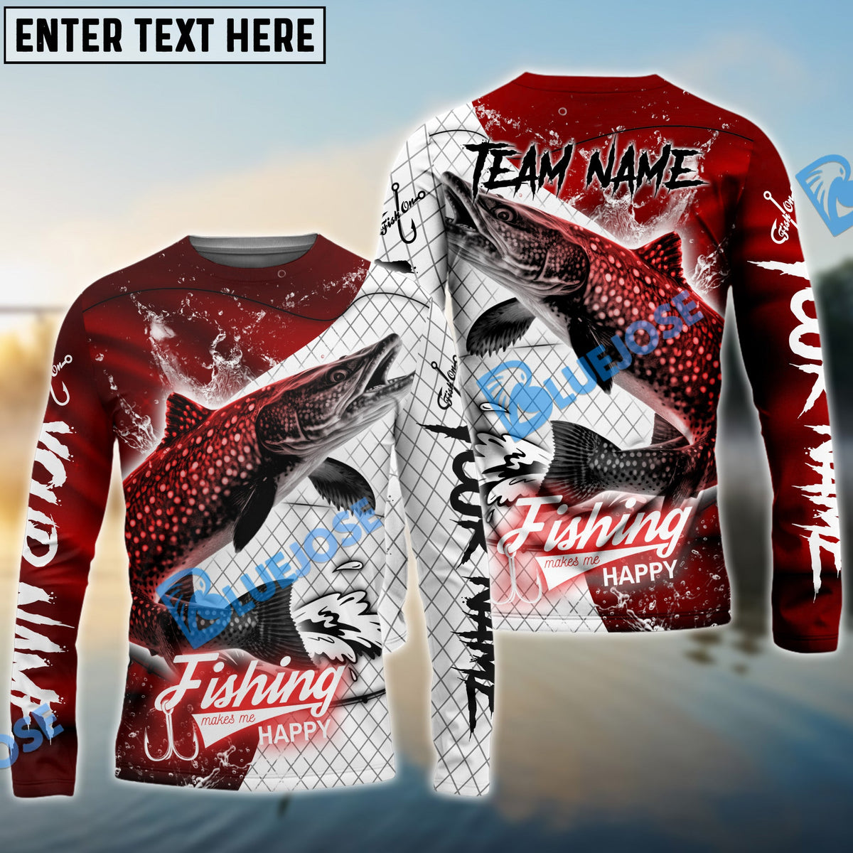 BlueJose Pike Fishing Dark Red Skin Sport Custom Name & Team Name 3D Shirts