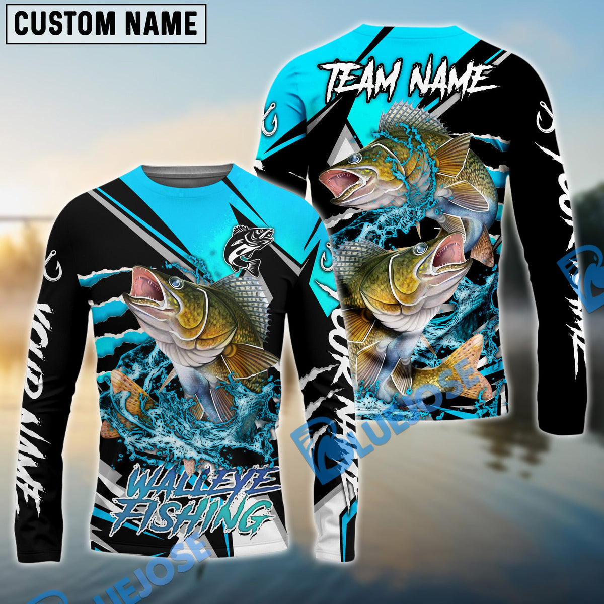 BlueJose Walleye Fishing Black Blue Scratch Sport Custom Name & Team Name 3D Shirts