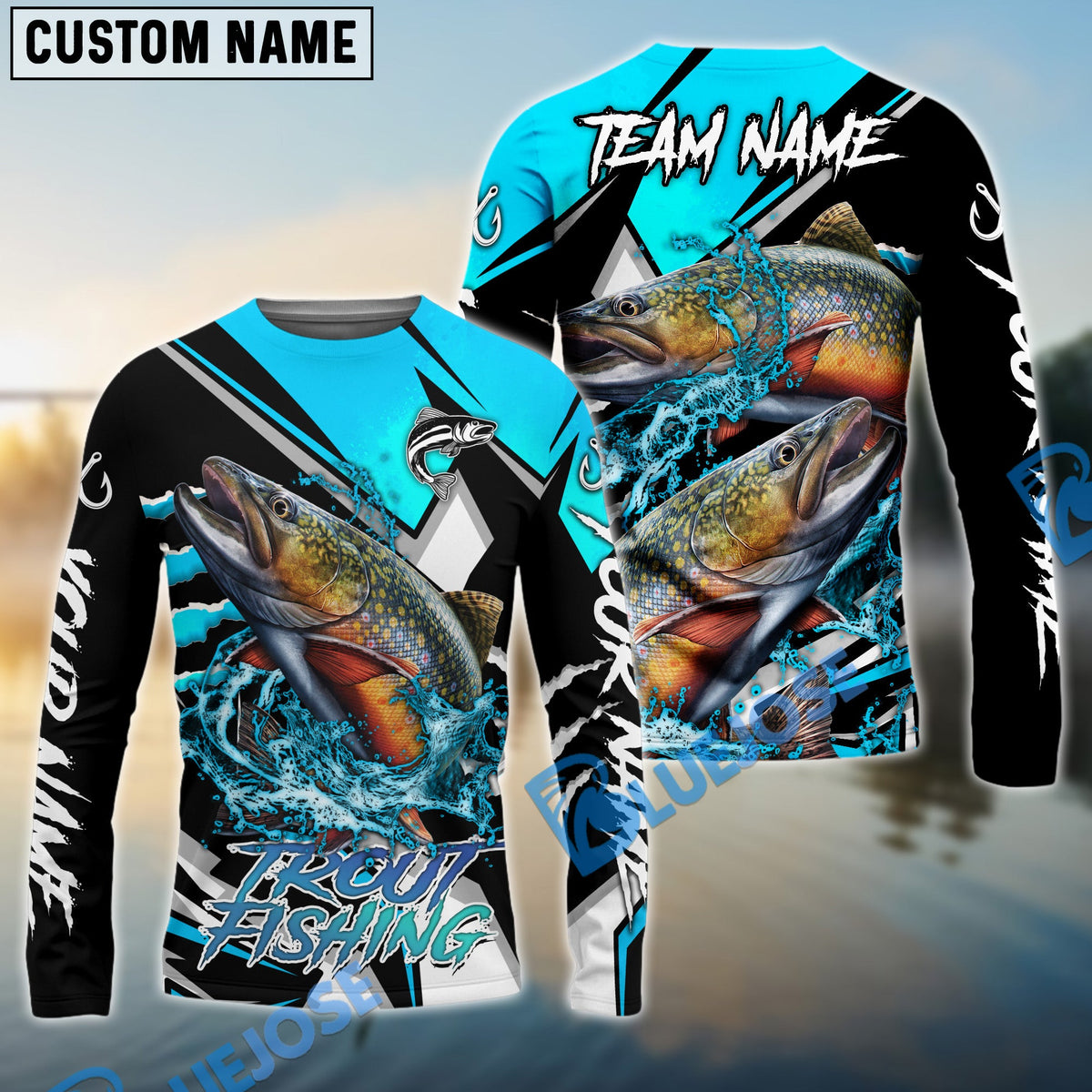 BlueJose Trout Fishing Black Blue Scratch Sport Custom Name & Team Name 3D Shirts
