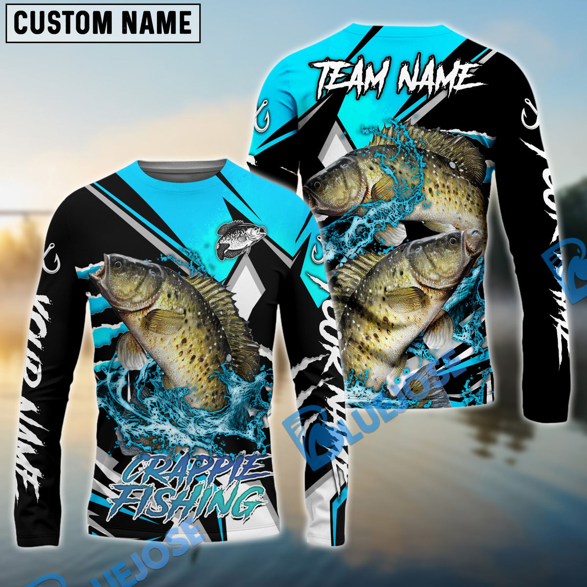 BlueJose Crappie Fishing Black Blue Scratch Sport Custom Name & Team Name 3D Shirts