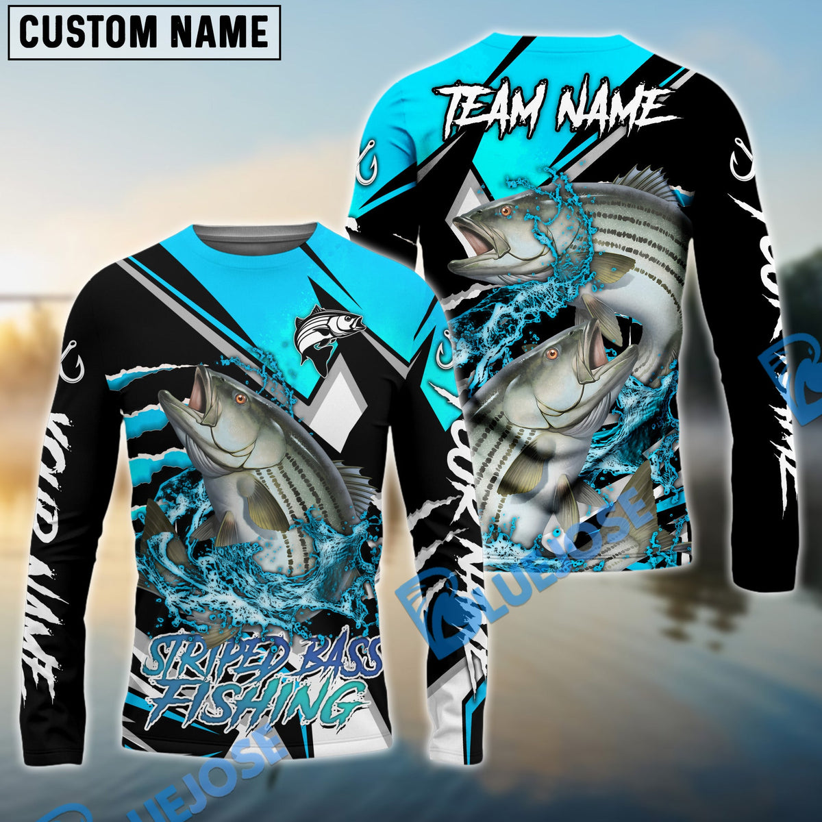 BlueJose Striped Bass Fishing Black Blue Scratch Sport Custom Name & Team Name 3D Shirts