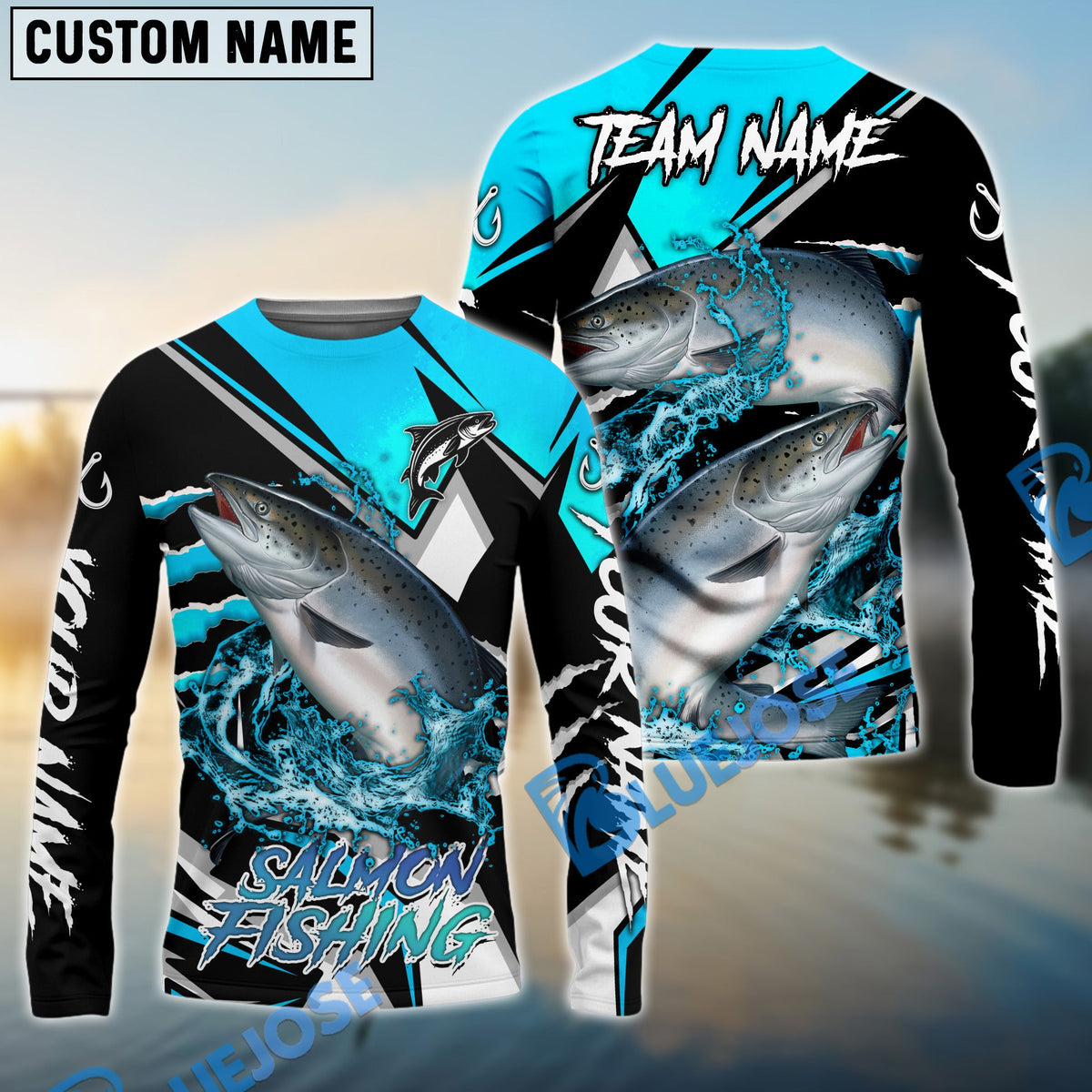 BlueJose Salmon Fishing Black Blue Scratch Sport Custom Name & Team Name 3D Shirts