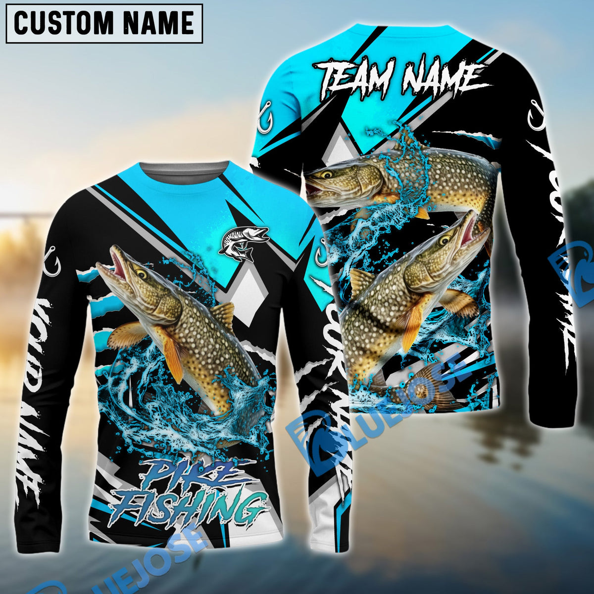 BlueJose Pike Fishing Black Blue Scratch Sport Custom Name & Team Name 3D Shirts
