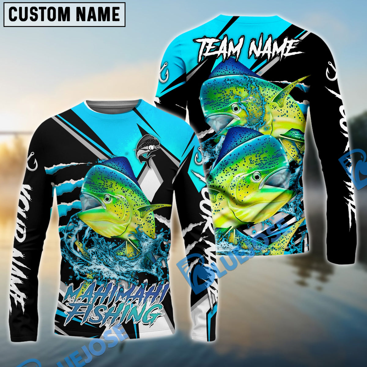 BlueJose Mahi mahi Fishing Black Blue Scratch Sport Custom Name & Team Name 3D Shirts