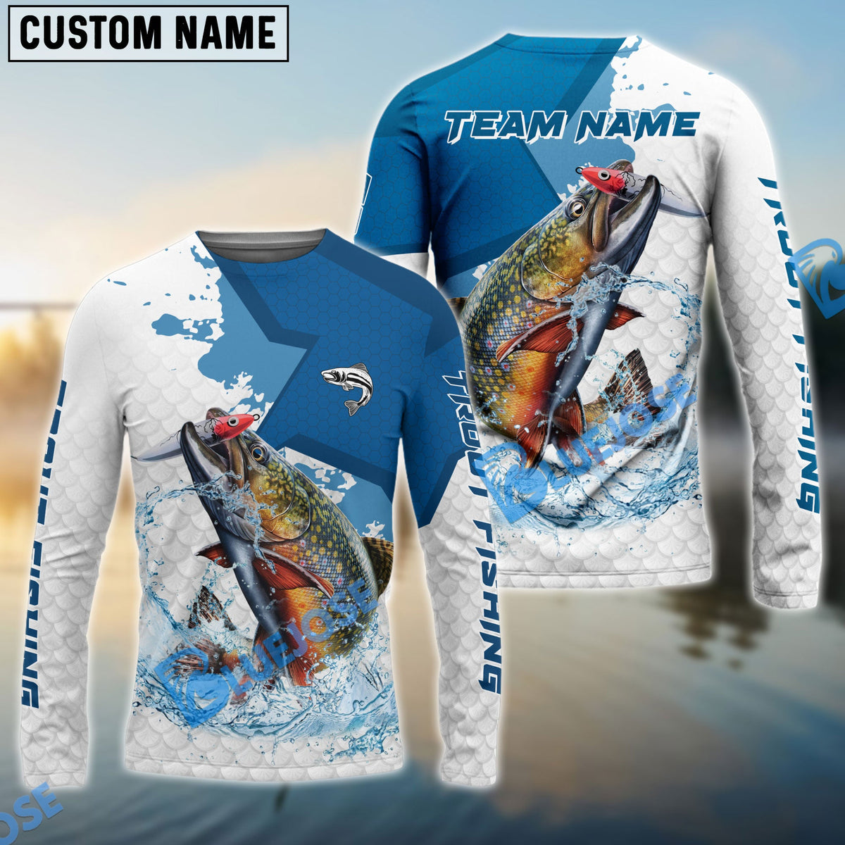 BlueJose Trout Fishing White Fin Blue Paint Sport Custom Name & Team Name 3D Shirts