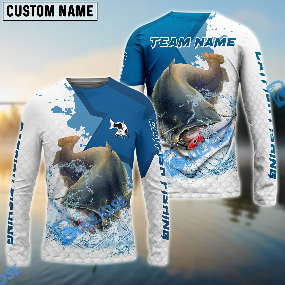 BlueJose Catfish Fishing White Fin Blue Paint Sport Custom Name & Team Name 3D Shirts
