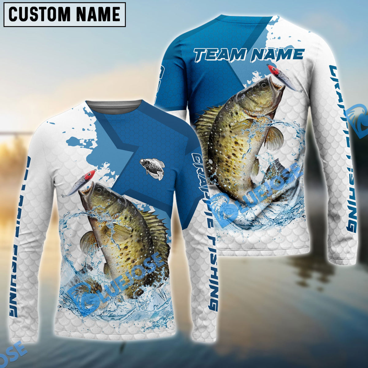 BlueJose Crappie Fishing White Fin Blue Paint Sport Custom Name & Team Name 3D Shirts