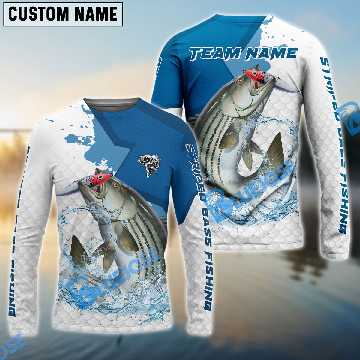 BlueJose Striped Bass Fishing White Fin Blue Paint Sport Custom Name & Team Name 3D Shirts