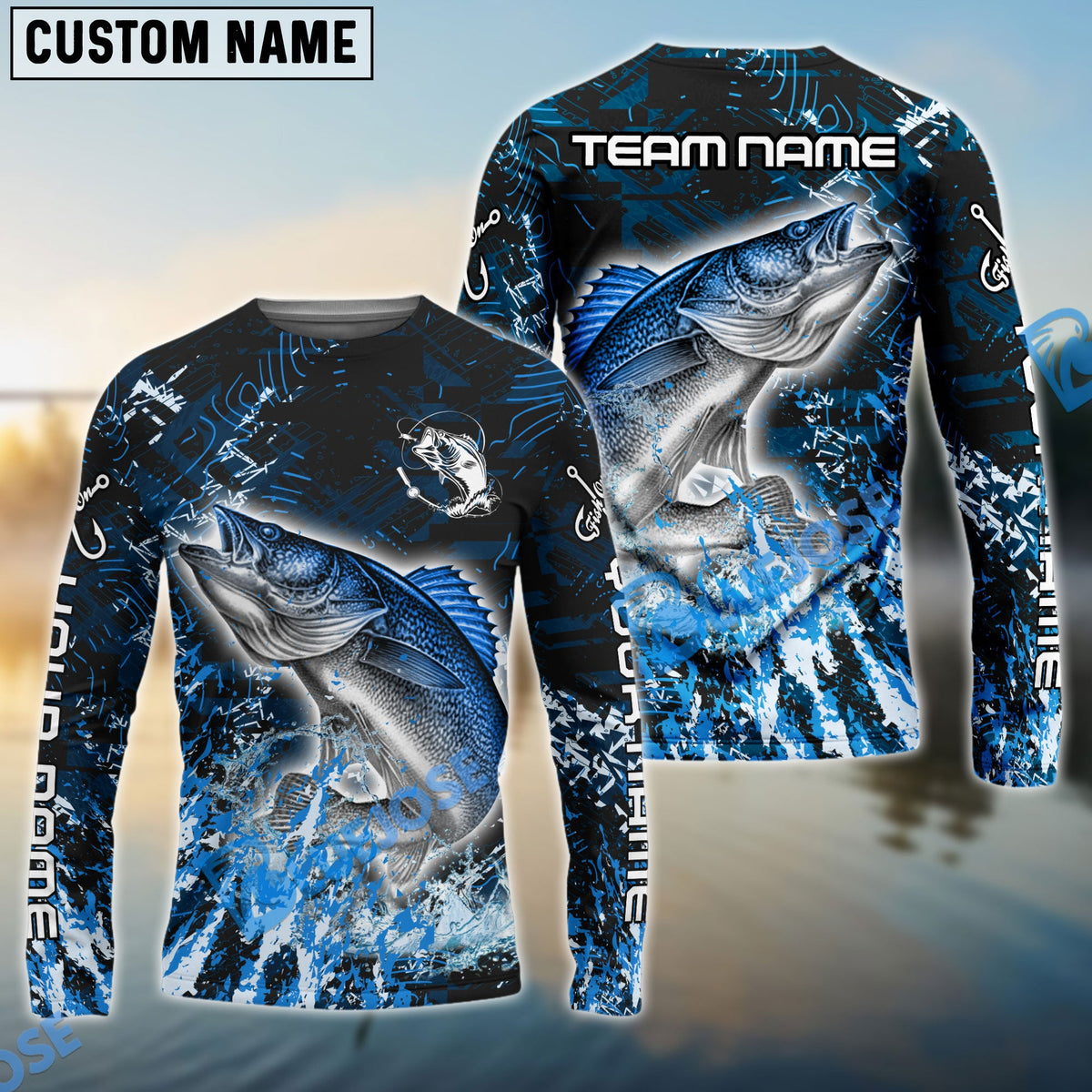 BlueJose Walleye Fishing Dark Grunge Blue Custom Name & Team Name 3D Shirts